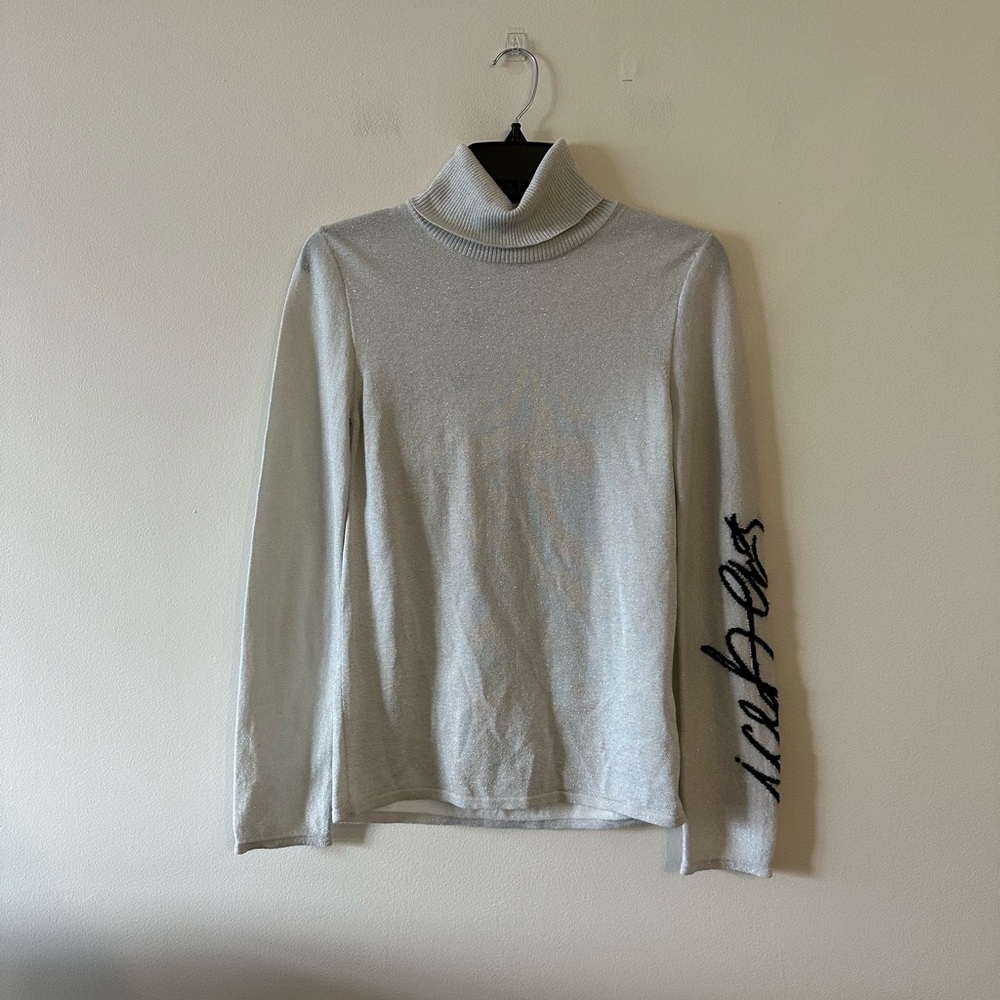 NEW Iceberg Metallic Turtleneck Mock Neck Silver Wool Blend Sweater Logo XS Knit